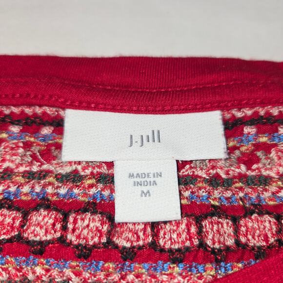 J Jill Women Medium Embroidered Henley Top Red Cotton Modal Casual Boho Festival - Picture 2 of 10